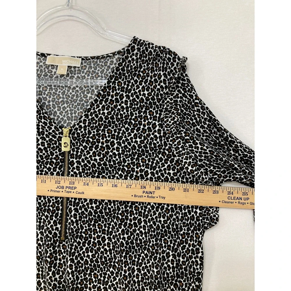 Michael Michael Kors Blouse XL Brown Leopard Print Zip‎ Front Popover Top